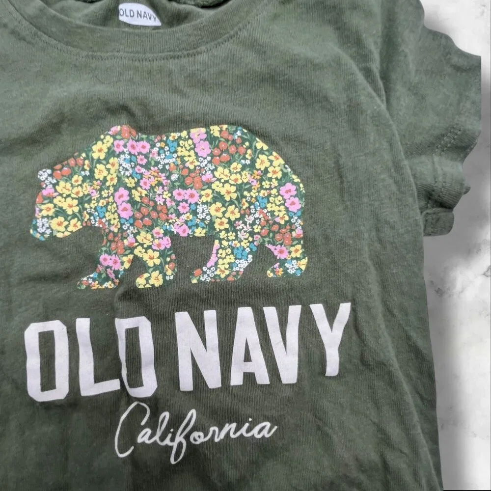 Old Navy Toddler 3T Green Short Sleeve Shirt With Floral Bear & California Print